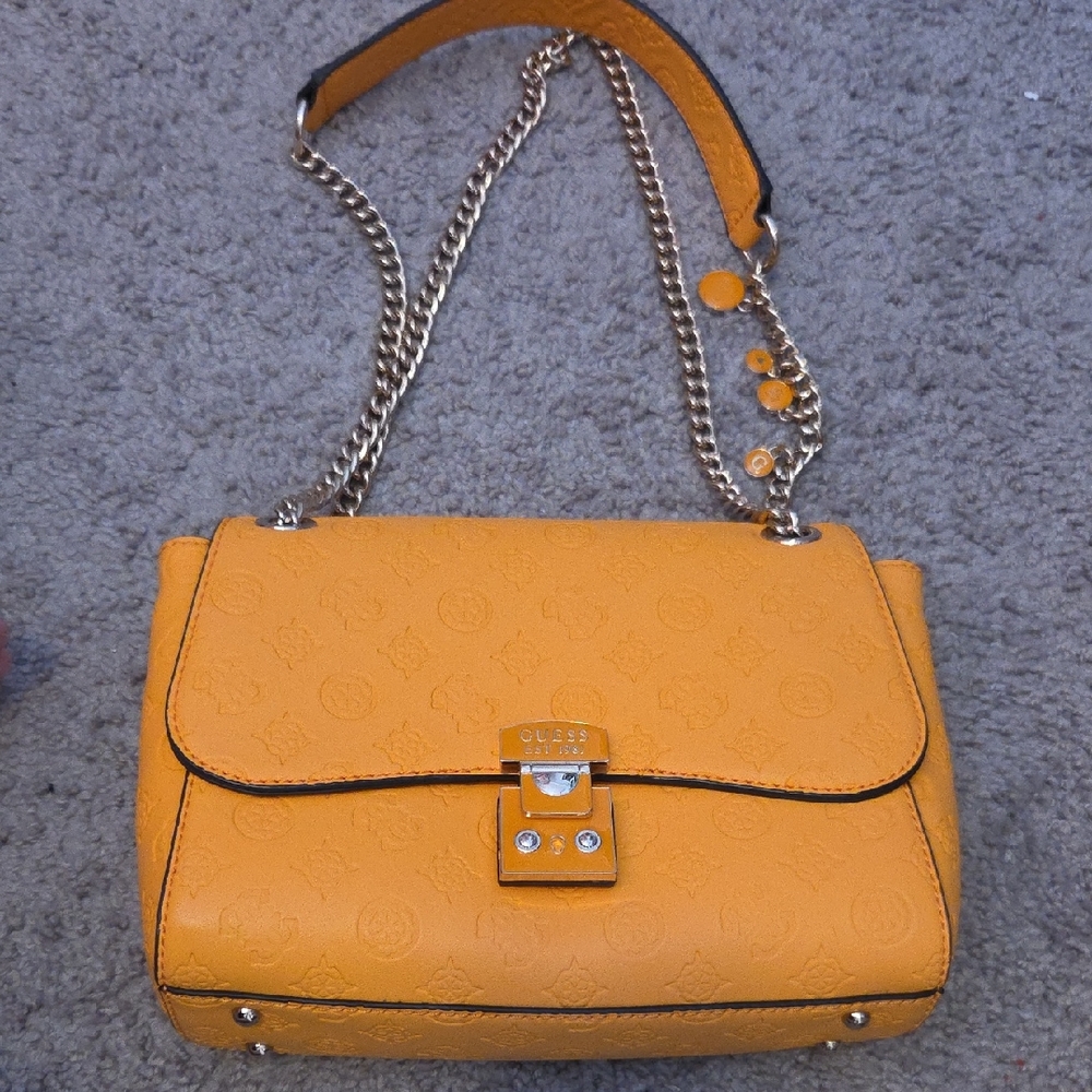 Guess Mustard Yellow Shoulder Bag with Chain Strap